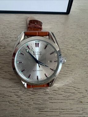 Automatic ESS Silver Dial Watch with Brown Leather Strap